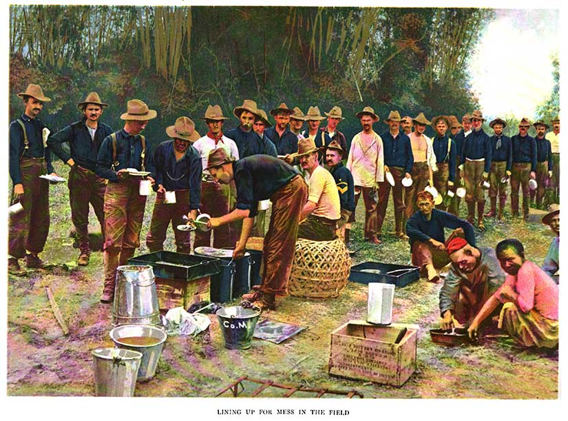 American Army soldiers field mess during war between Philippines and United States in Gilded Age