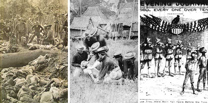 From left to right: The trench of dead Moros at Bud Dajo (1906), a demonstration of the "water cure" by the 35th Volunteer Infantry, and the news headlines about General Smith's orders to kill all Filipinos capable of bearing arms, which he defined as over the age of ten.