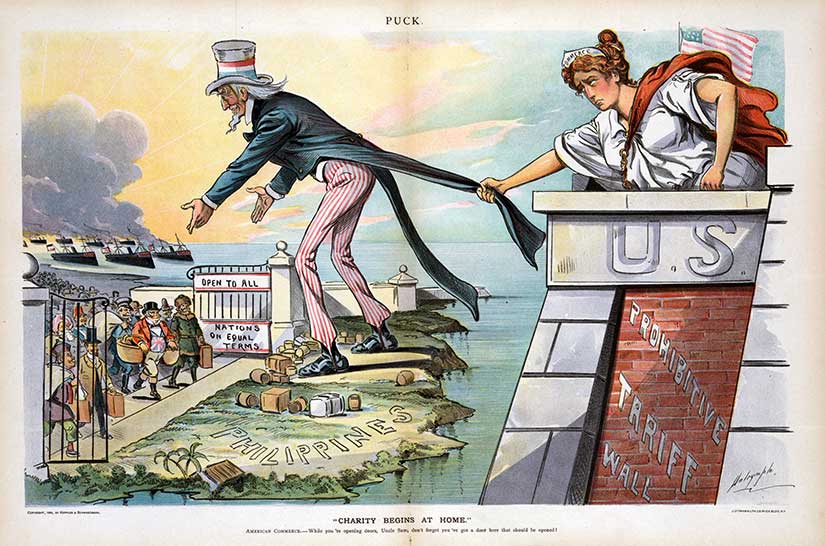 December 1898 Puck cartoon shows Uncle Sam welcoming world trade in his off-shore entrepôt.