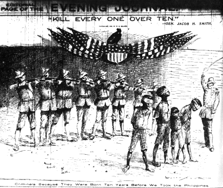 Smith’s order “Kill Everyone Over Ten” became a caption in the New York Journal cartoon on May 5, 1902. The Old Glory draped an American shield on which a vulture replaced the bald eagle. The caption at the bottom proclaimed, “Criminals Because They Were Born Ten Years Before We Took the Philippines.