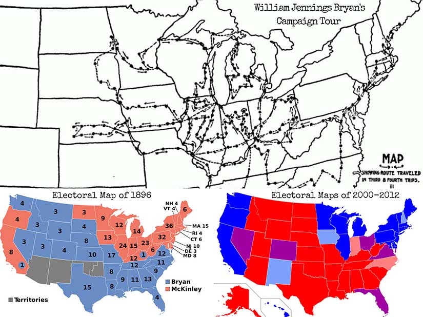 At bottom, a comparison of electoral maps from 1896 [Wikimedia Commons]) and 2000-2012 [Wikipedia]). At top, the campaign trail of William Jennings Bryan [The First Battle]).