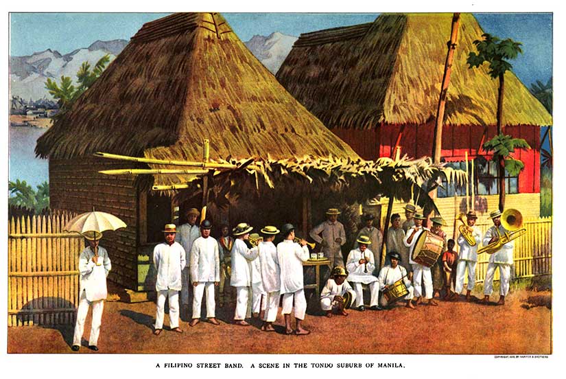 Filipino street band 1900 full color image from Harper's Magazine in Gilded Age American colony