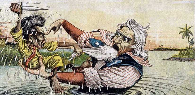 Cartoon shows Uncle Sam sinking into the quagmire of the Philippine-American War as Filipino leader Emilio Aguinaldo resists his American "rescue."